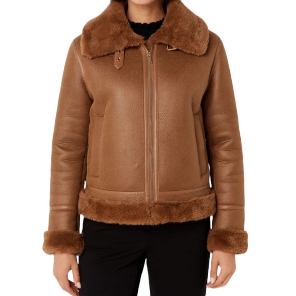 NWOT House of Harlow 1960 x Revolve Brown Leather Shearling Jacket Aviator XS